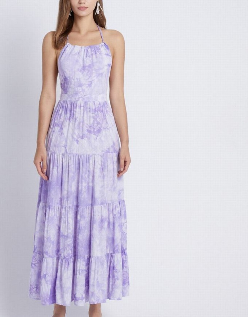 Purple Urban Revivo Tie Dye Tiered Backless Halter Women's Casual Dress | THGVNK-485