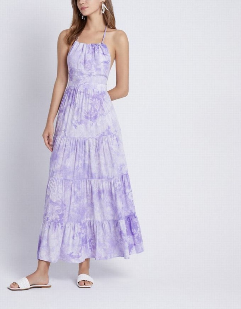Purple Urban Revivo Tie Dye Tiered Backless Halter Women's Casual Dress | THGVNK-485