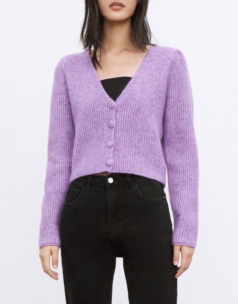 Purple Urban Revivo V Neck Rib Knit Women's Cardigan | BXJCVU-253