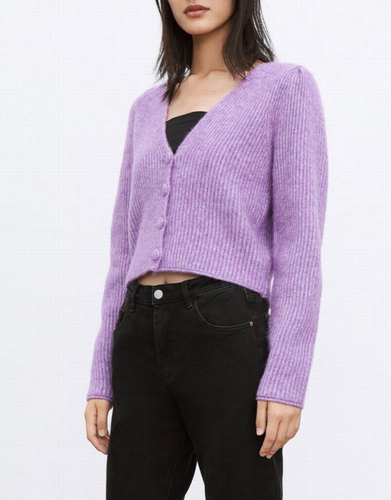 Purple Urban Revivo V Neck Rib Knit Women's Cardigan | BXJCVU-253