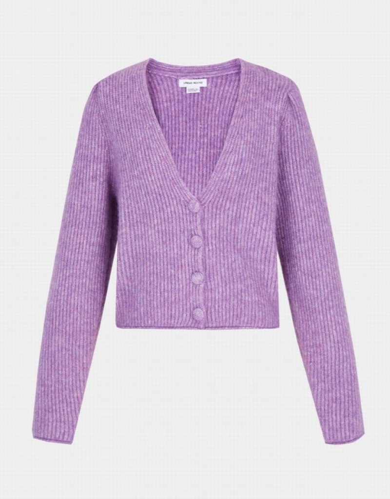 Purple Urban Revivo V Neck Rib Knit Women\'s Cardigan | BXJCVU-253
