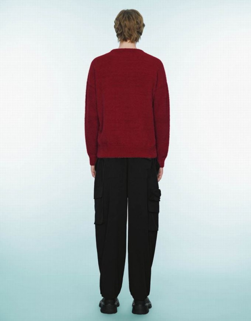 Red Urban Revivo Animal Embroidered Knitted Men's Cardigan | XBUVEQ-895