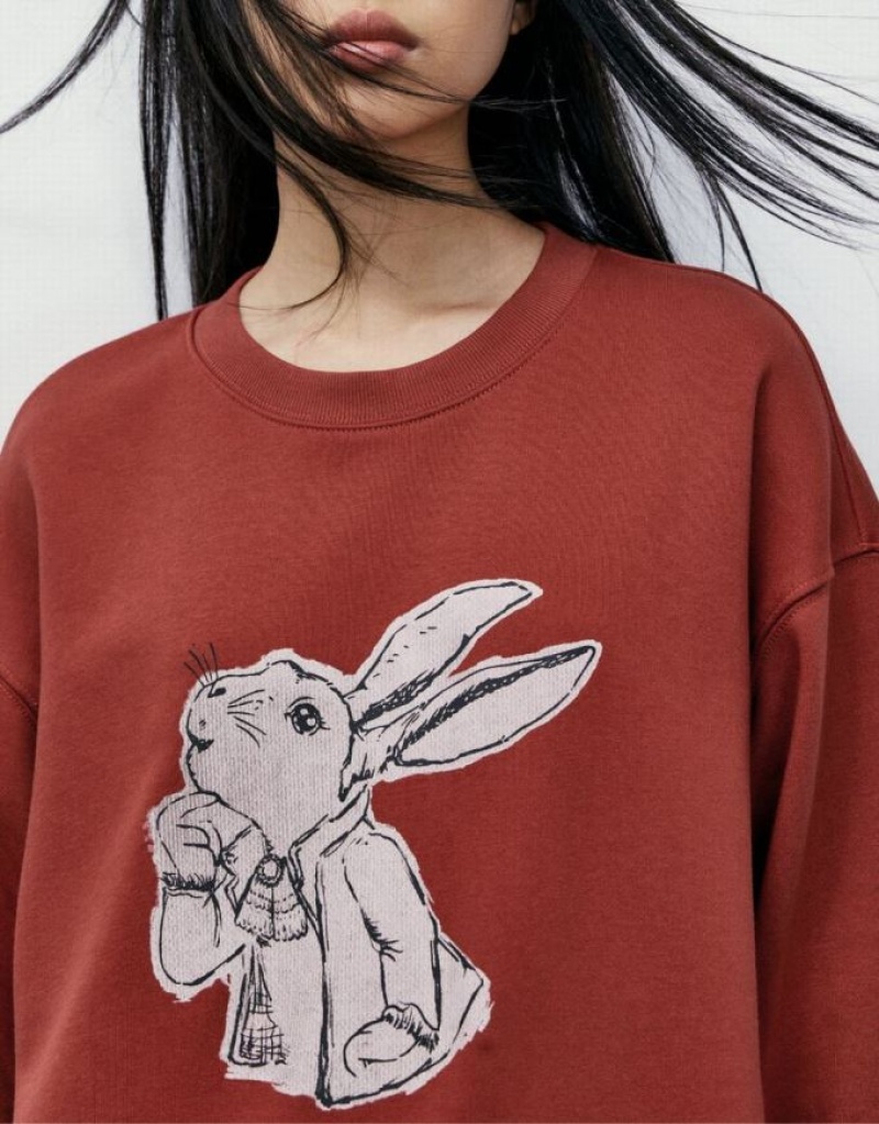 Red Urban Revivo Bunny Print Women's Sweatshirts | CTXMND-091