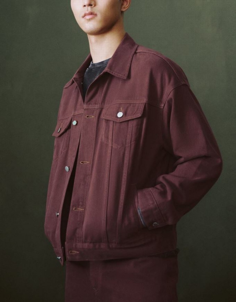 Red Urban Revivo Button Up Men's Denim Jackets | OGVERT-201