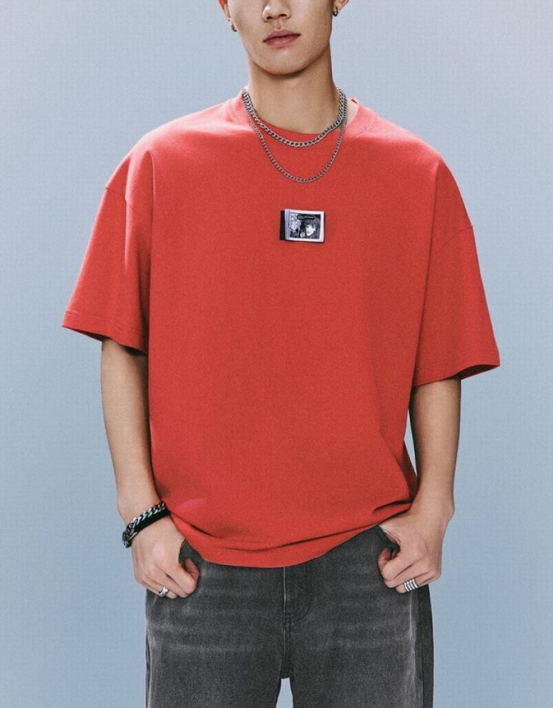 Red Urban Revivo Crew Neck Loose Men's T-Shirts | AMWUBN-859