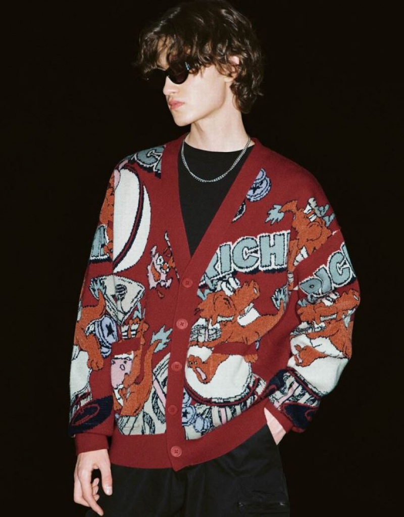 Red Urban Revivo Dragon Embroidered V-Neck Knitted Men's Cardigan | LUOPES-620