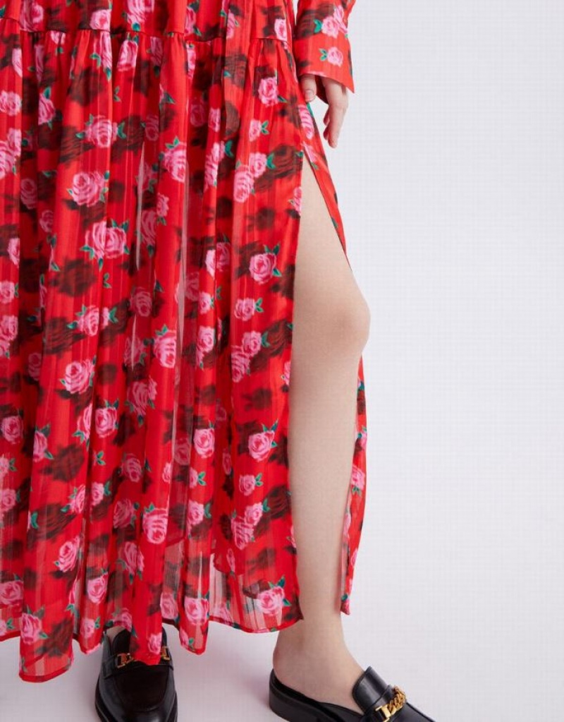 Red Urban Revivo Floral Print Belted Maxi Chiffon Women's Maxi Dress | ZVXMYD-273