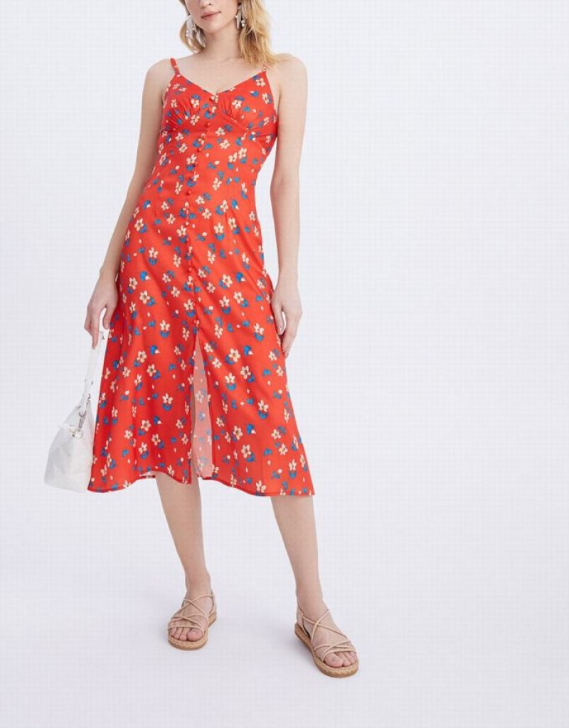 Red Urban Revivo Floral Print Cami Midi Women's Midi Dress | DXQTFV-532