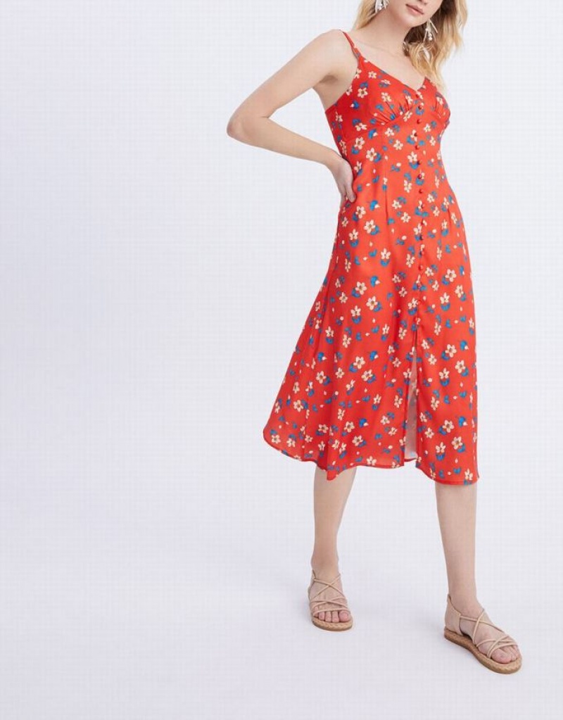 Red Urban Revivo Floral Print Cami Midi Women's Midi Dress | DXQTFV-532