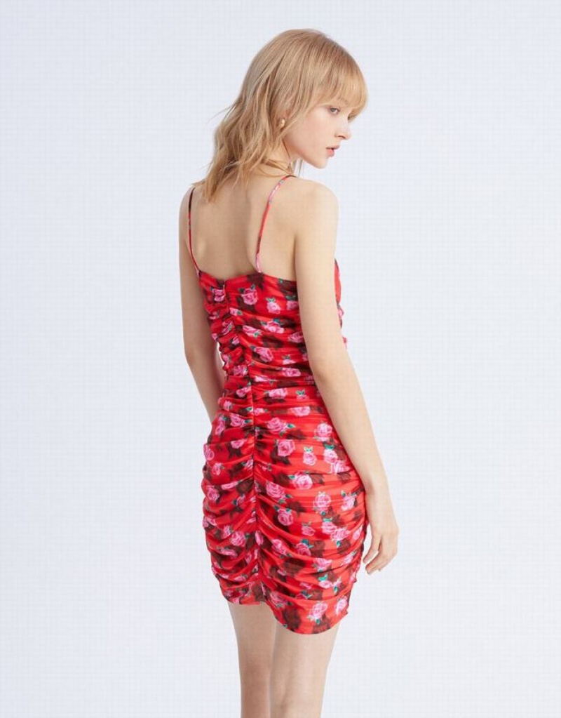 Red Urban Revivo Floral Print Ruched Chiffon Cami Women's Dress | ITAGOW-759