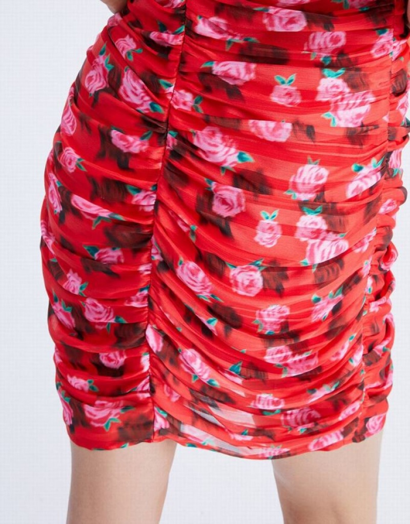Red Urban Revivo Floral Print Ruched Chiffon Cami Women's Dress | ITAGOW-759