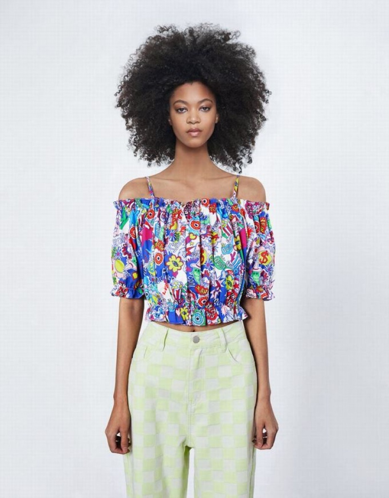 Red Urban Revivo Graffiti Print Off Shoulder Top Women's Blouse | IKENVA-012