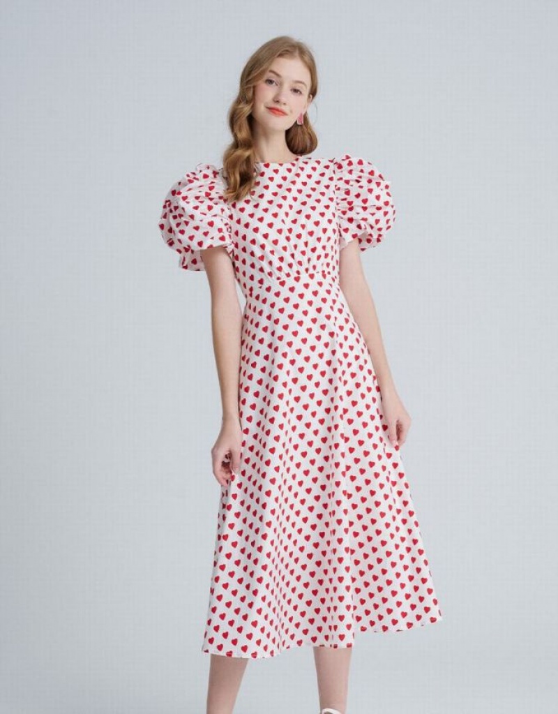 Red Urban Revivo Heart Cut Out Back Allover Print Skater Women's Casual Dress | DKIBFT-420