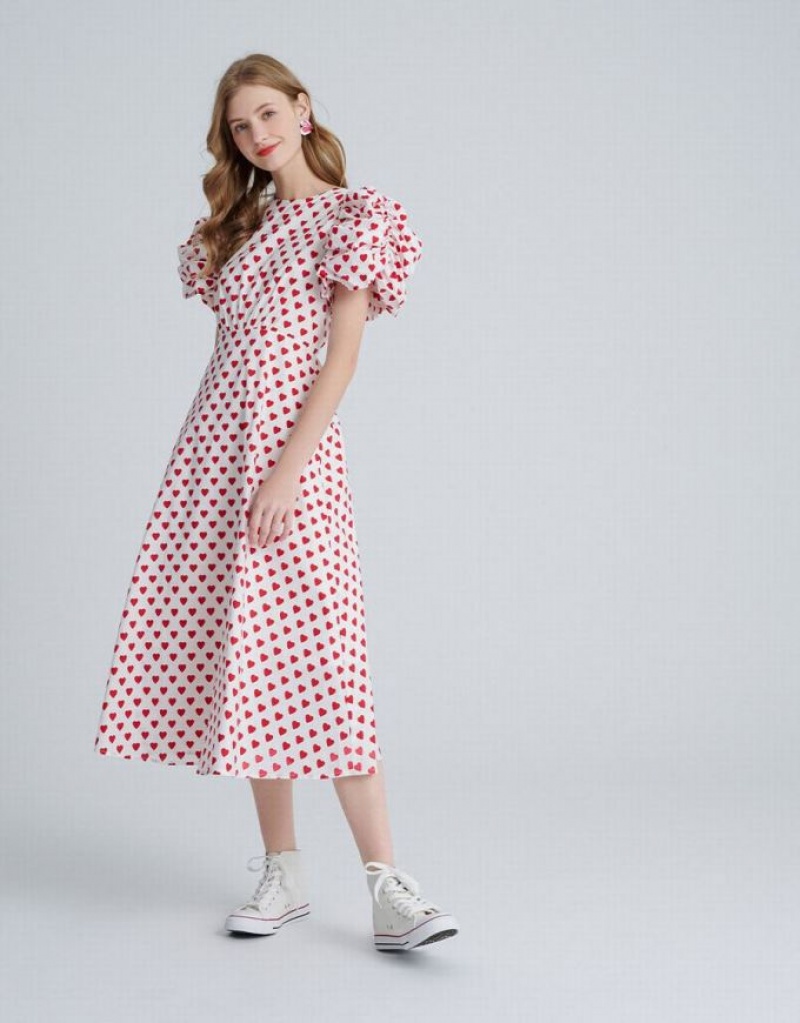 Red Urban Revivo Heart Cut Out Back Allover Print Skater Women's Casual Dress | DKIBFT-420