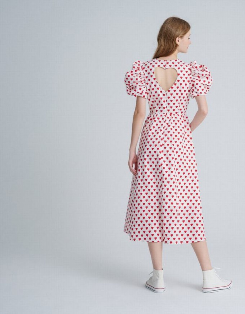 Red Urban Revivo Heart Cut Out Back Allover Print Skater Women\'s Casual Dress | DKIBFT-420