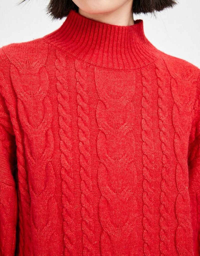 Red Urban Revivo High Neck Cable Knit Holiday Women's Sweaters | MDYESN-268