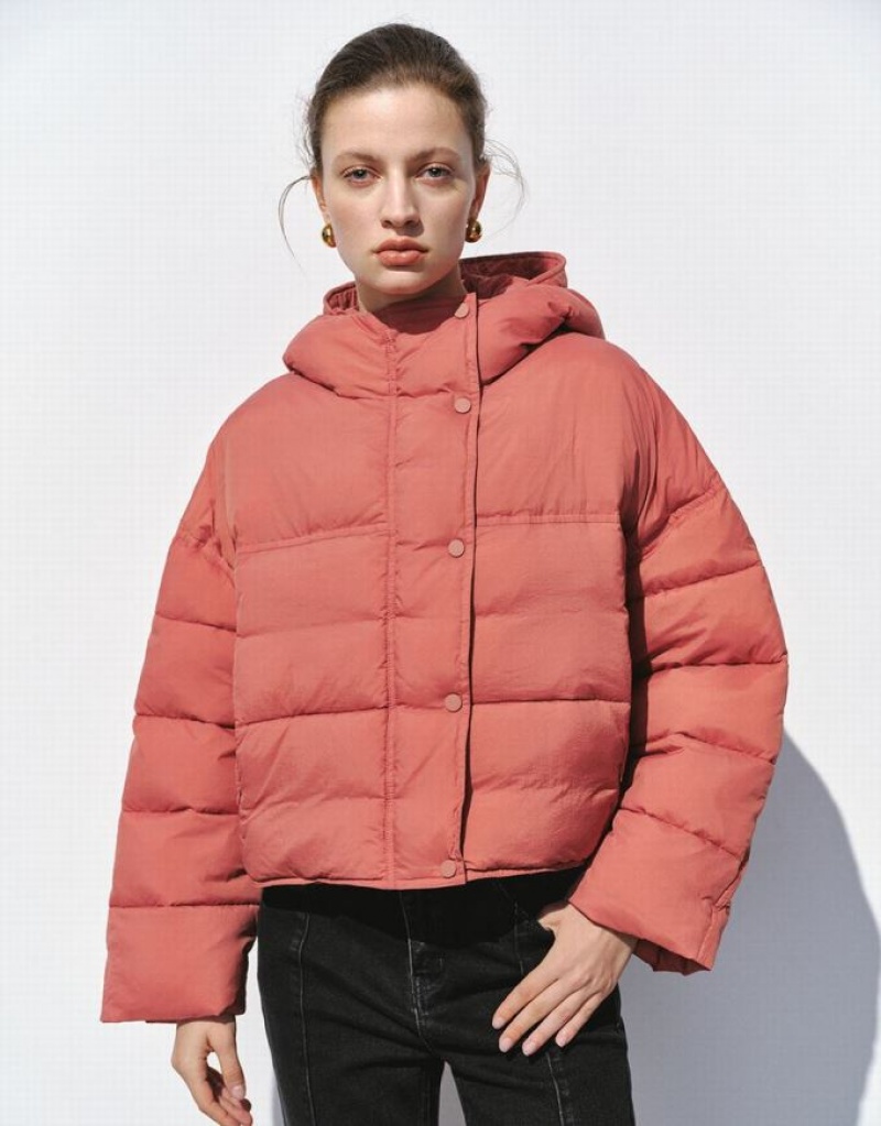Red Urban Revivo Hooded Padded Women\'s Coats | JERVYT-498