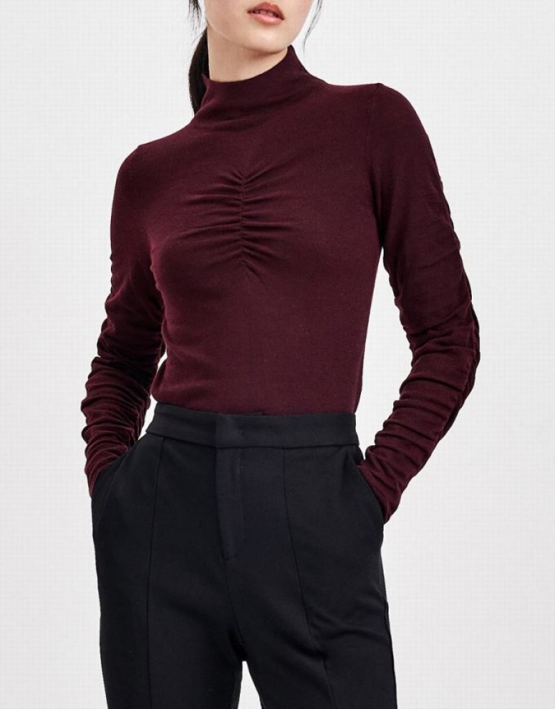 Red Urban Revivo Ruched Sleeve Fitted Knit Top Women's Cardigan | GWCMEK-105