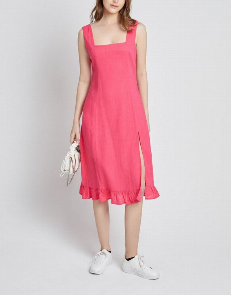 Red Urban Revivo Ruffle Hem Sleeveless Midi Women's Midi Dress | NYJWLI-156