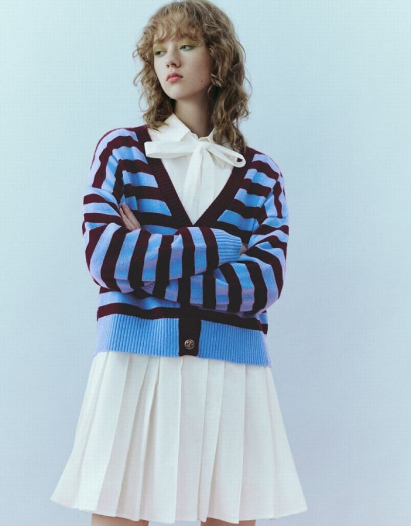Red Urban Revivo Striped V-Neck Knitted Women's Cardigan | AQZGIX-384