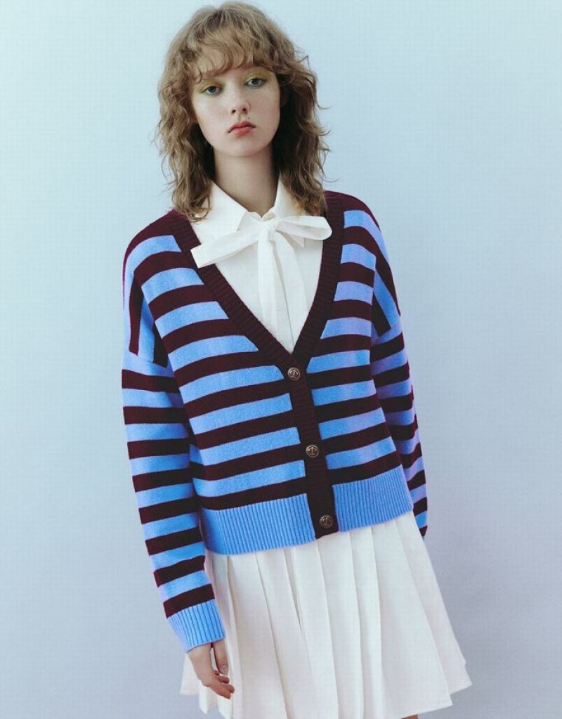 Red Urban Revivo Striped V-Neck Knitted Women\'s Cardigan | AQZGIX-384