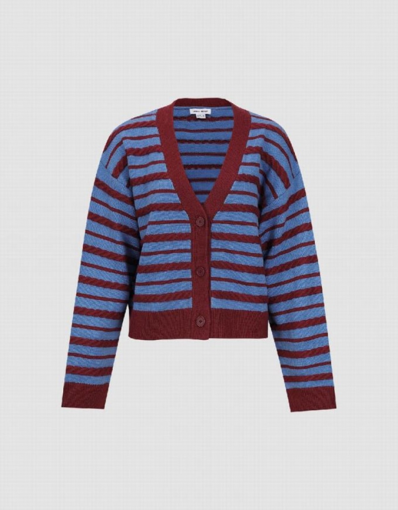 Red Urban Revivo Striped V-Neck Knitted Women's Cardigan | JTGOPM-219