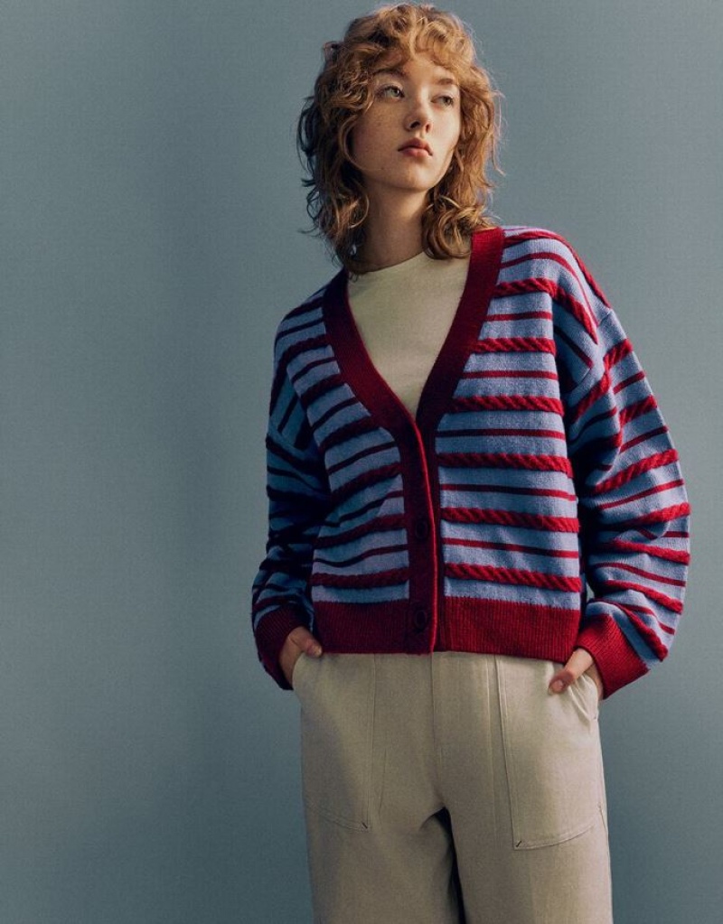 Red Urban Revivo Striped V-Neck Knitted Women's Cardigan | JTGOPM-219