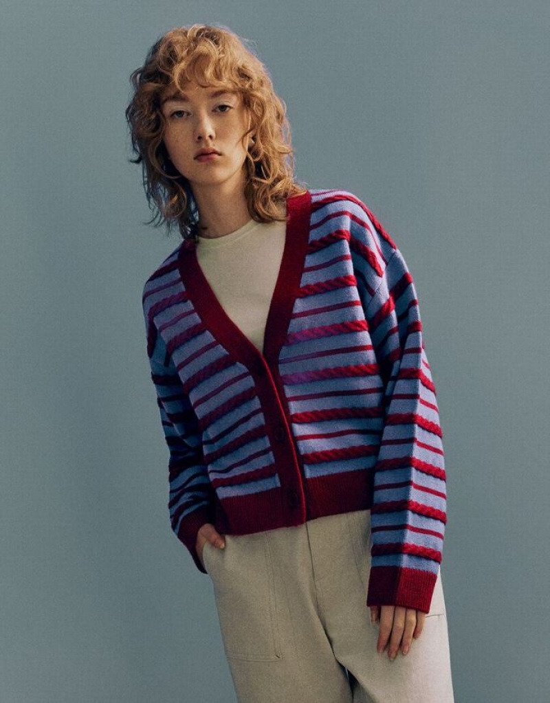 Red Urban Revivo Striped V-Neck Knitted Women\'s Cardigan | JTGOPM-219