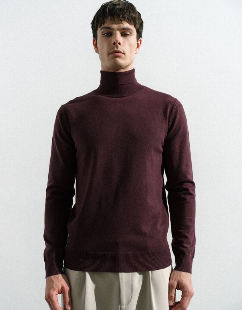 Red Urban Revivo Turtle Neck Knitted Men\'s Cardigan | QVIUGC-875