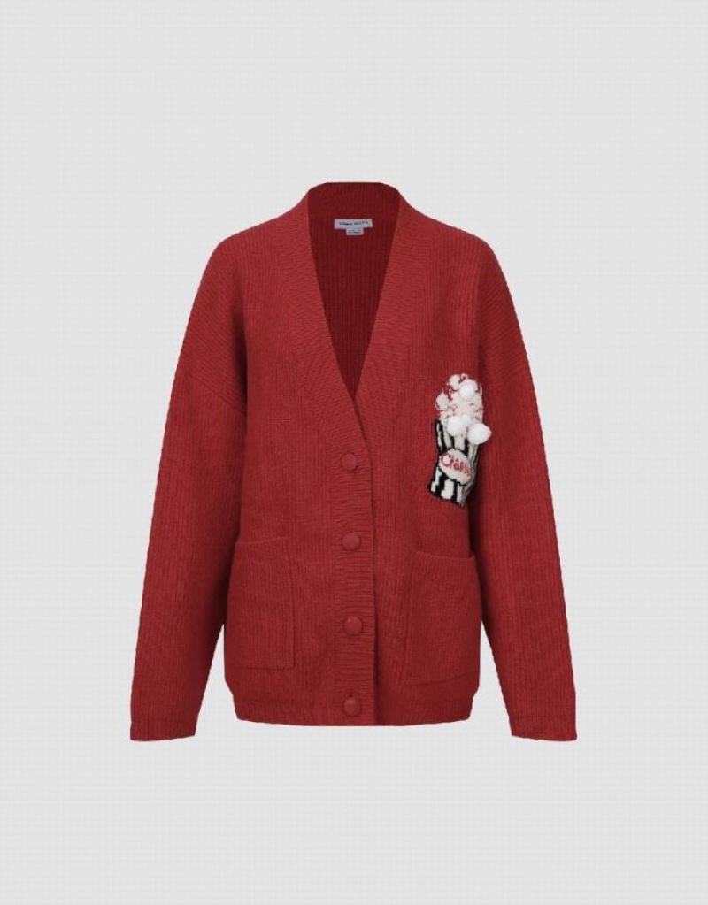 Red Urban Revivo V-Neck Knitted Women's Cardigan | QTBJWA-967