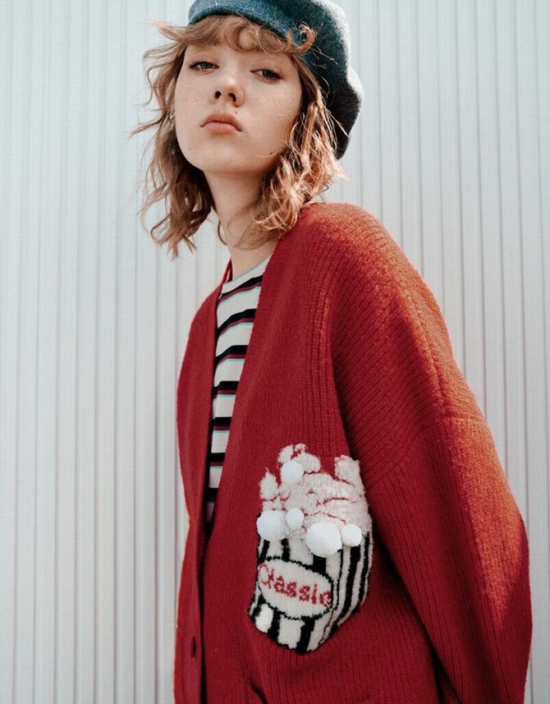Red Urban Revivo V-Neck Knitted Women's Cardigan | QTBJWA-967