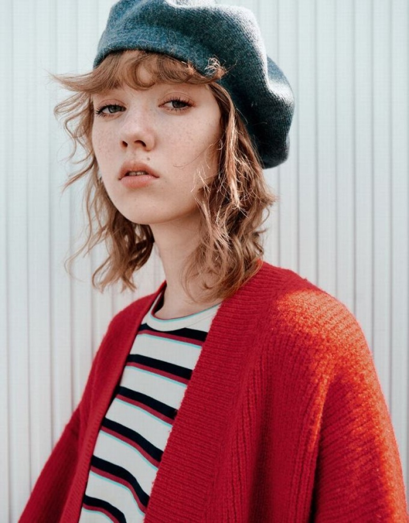 Red Urban Revivo V-Neck Knitted Women's Cardigan | QTBJWA-967