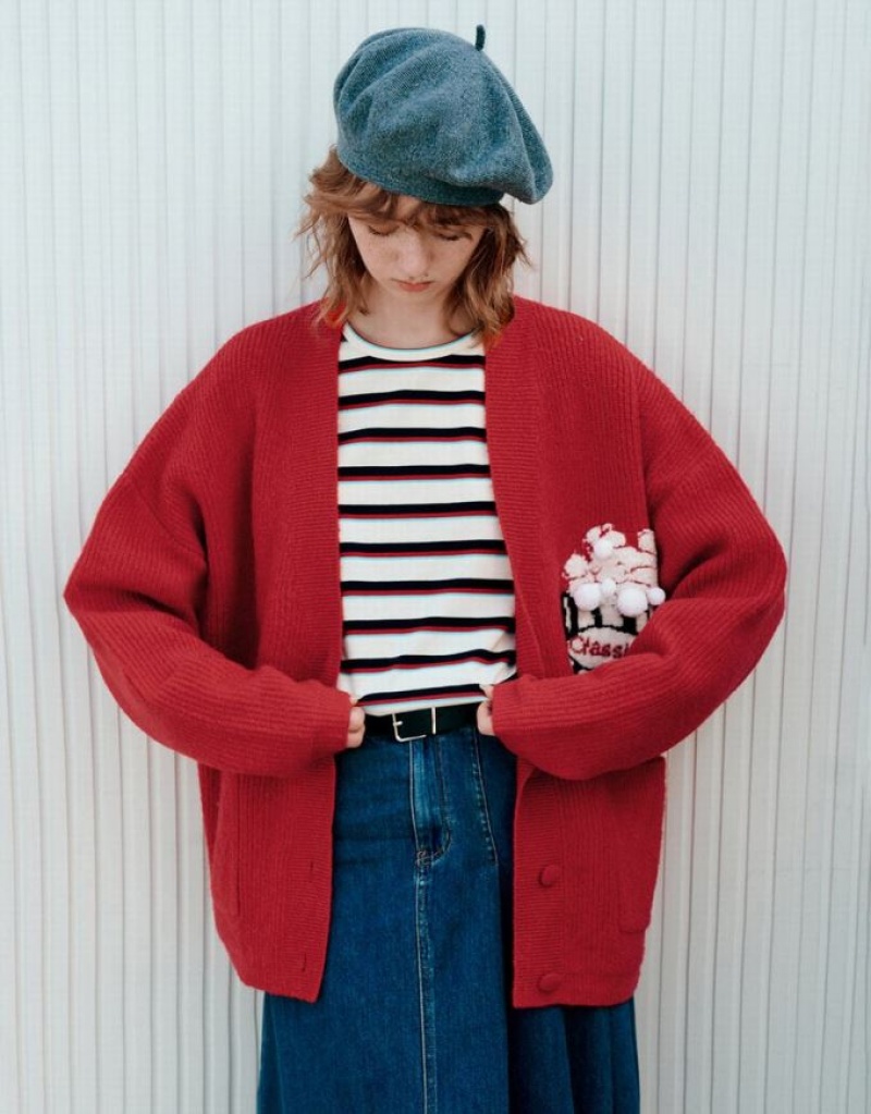 Red Urban Revivo V-Neck Knitted Women\'s Cardigan | QTBJWA-967