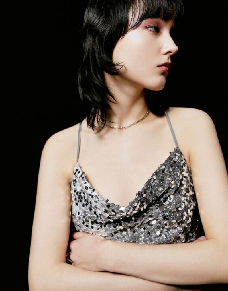 Silver Urban Revivo Sleeveless Cowl Neck Skinny Sequins Women's Dress | LOIDJR-142