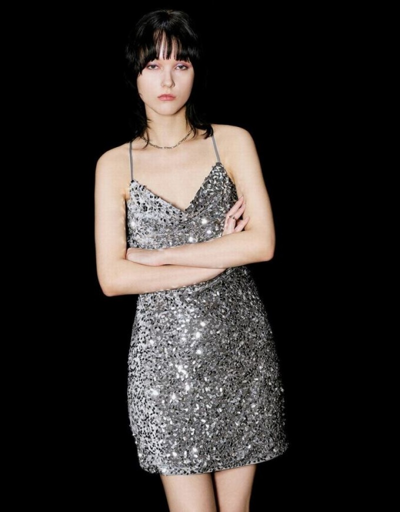 Silver Urban Revivo Sleeveless Cowl Neck Skinny Sequins Women\'s Dress | LOIDJR-142