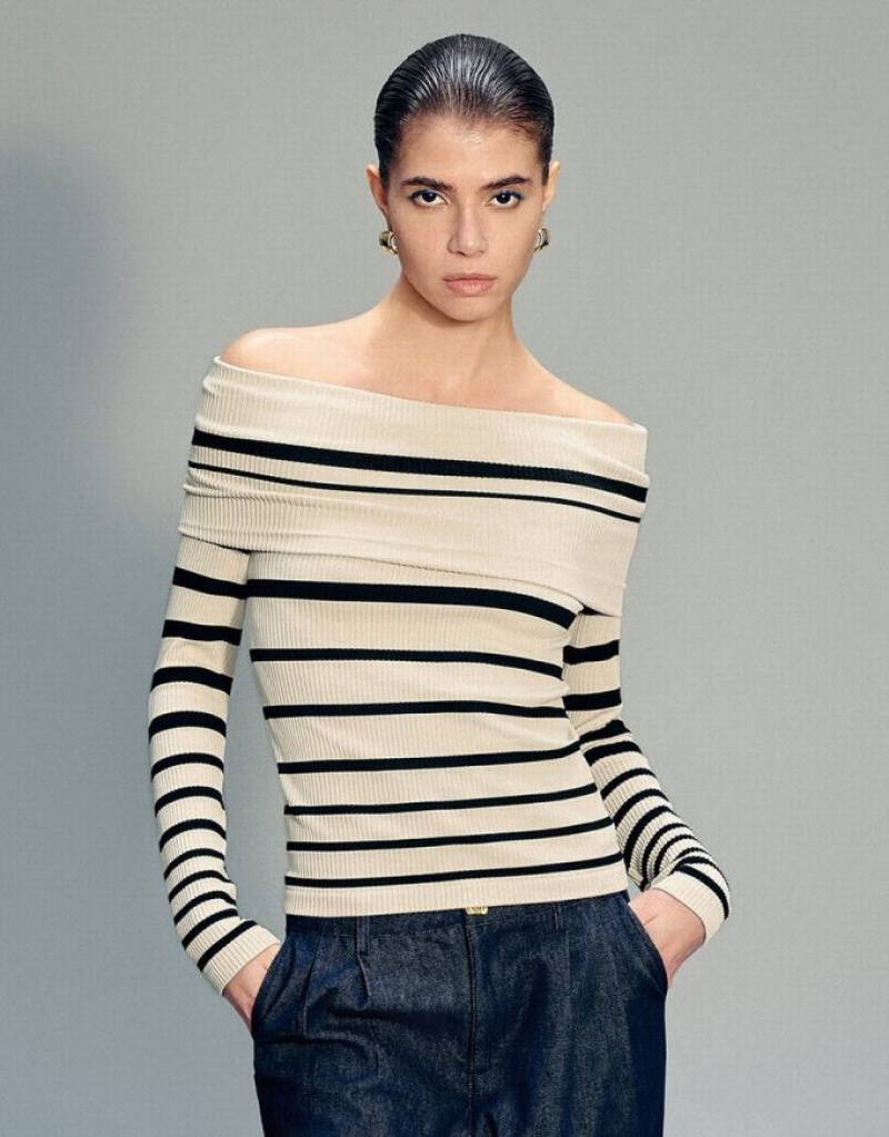 Stripes Urban Revivo Off-Shoulder Skinny Women\'s T-Shirts | ULIMRH-251