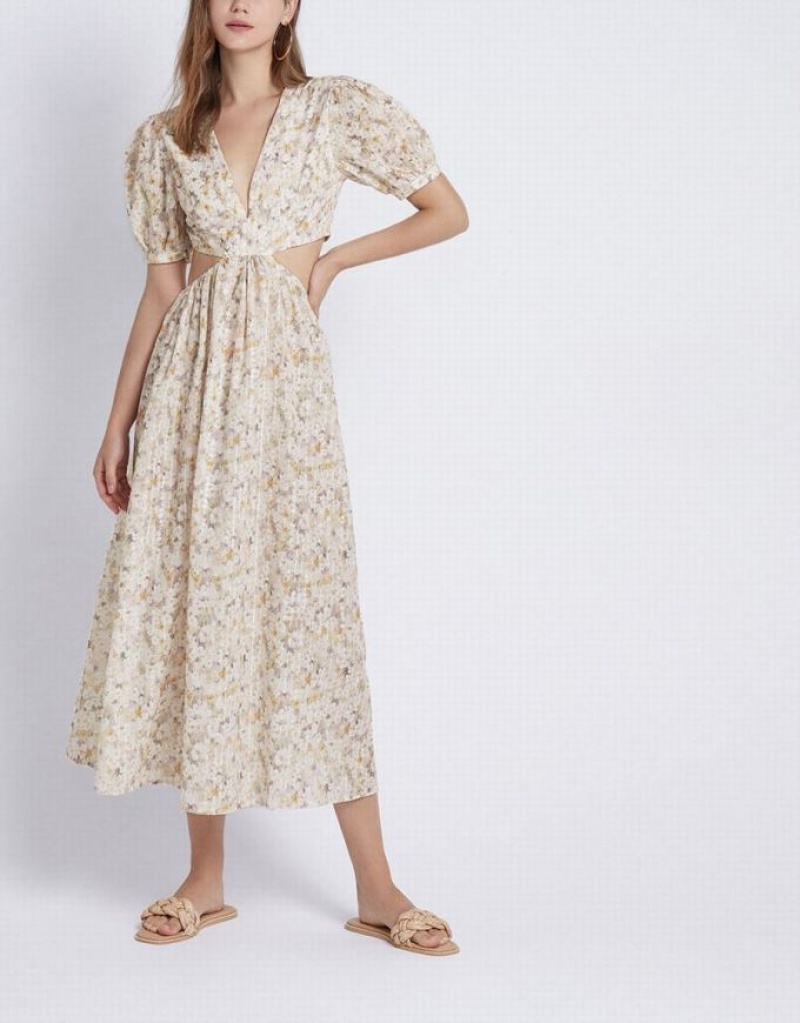 White Urban Revivo Allover Print Cut Out Women's Casual Dress | ZRWNYG-890