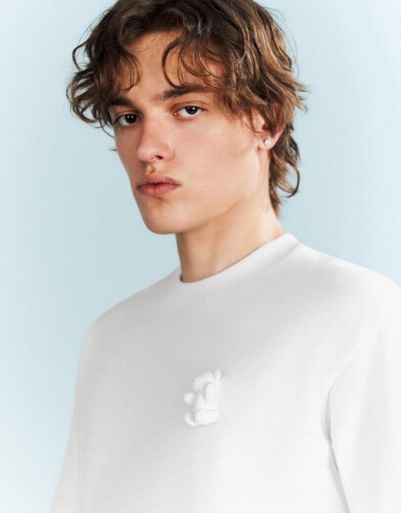 White Urban Revivo Bear Detail Crew Neck Men's T-Shirts | FRYQBG-653