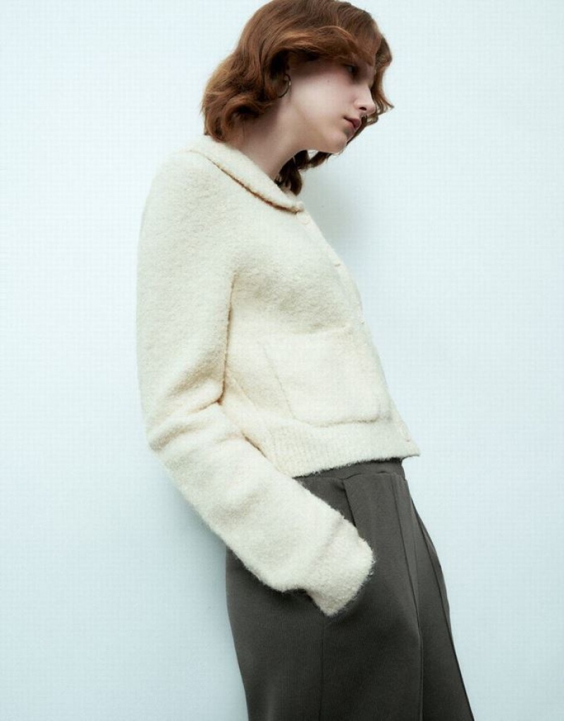 White Urban Revivo Button Up Knitted Women's Cardigan | WVCNUX-457