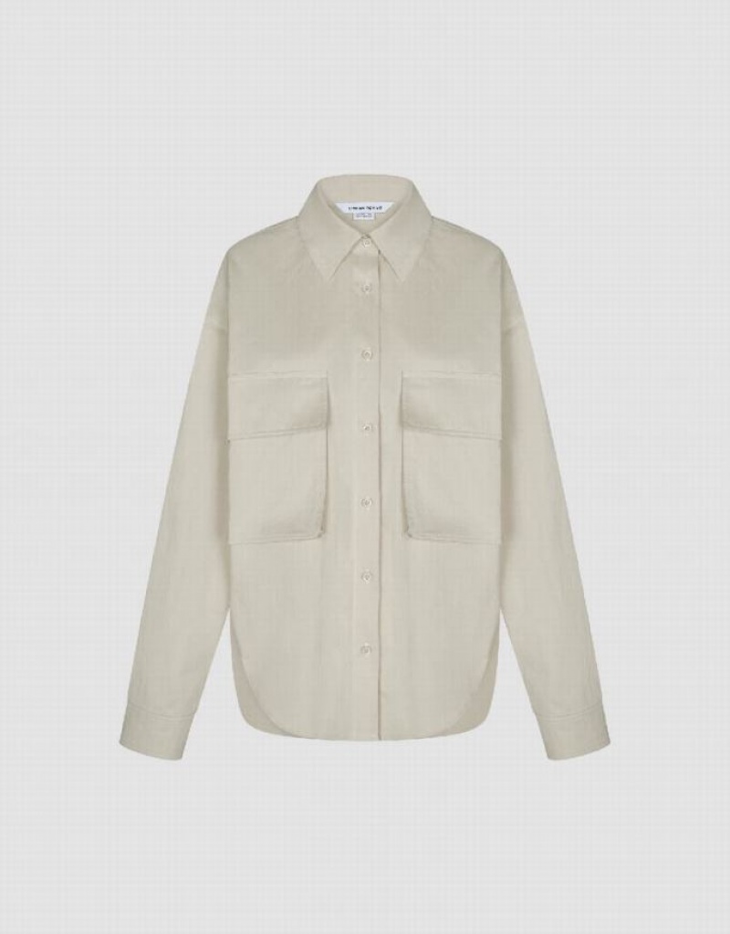 White Urban Revivo Button Up Loose With Flap Pockets Women's Shirts | VUYRJN-796
