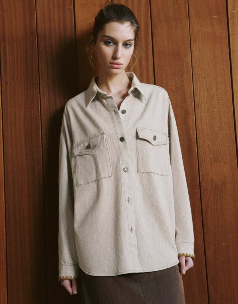 White Urban Revivo Button Up Oversized Denim Women\'s Shirts | EXWZUT-861