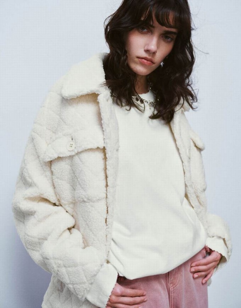 White Urban Revivo Button Up Straight Furry Women's Jacket | TDCRIM-752
