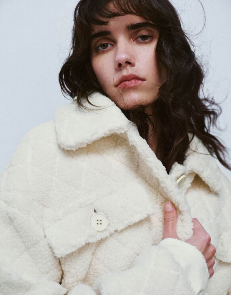 White Urban Revivo Button Up Straight Furry Women's Jacket | TDCRIM-752