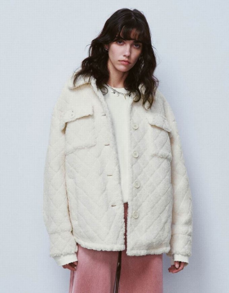 White Urban Revivo Button Up Straight Furry Women\'s Jacket | TDCRIM-752