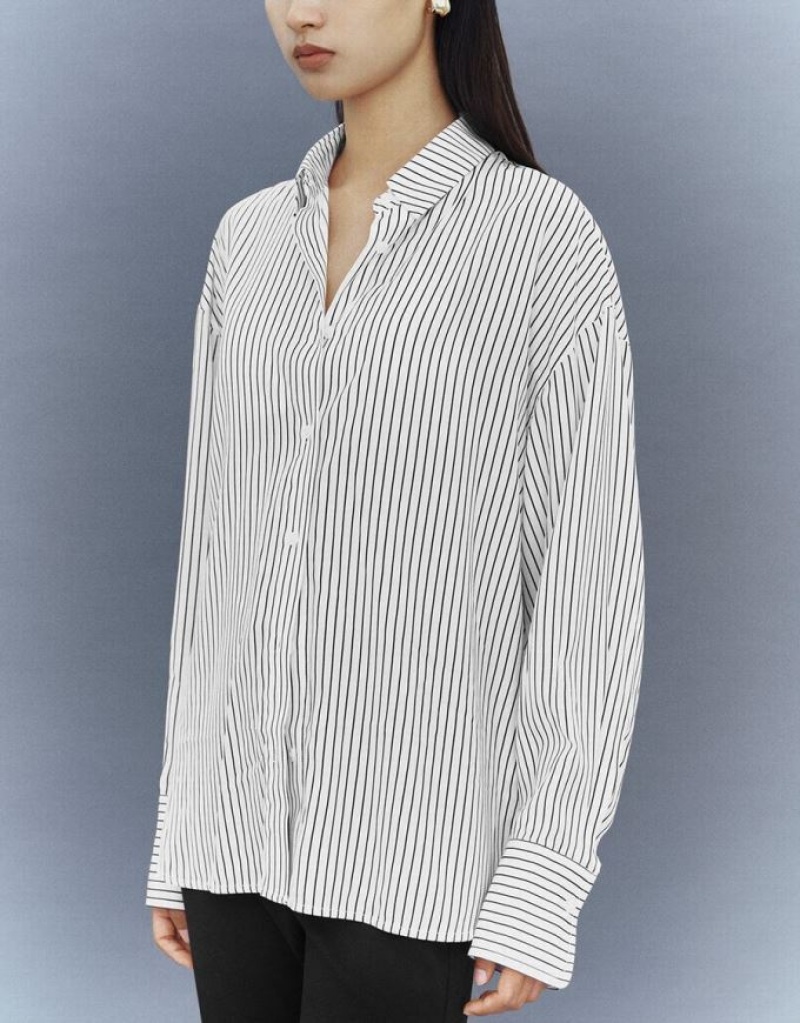 White Urban Revivo Button Up Striped Straight Women's Shirts | GIOVYU-109