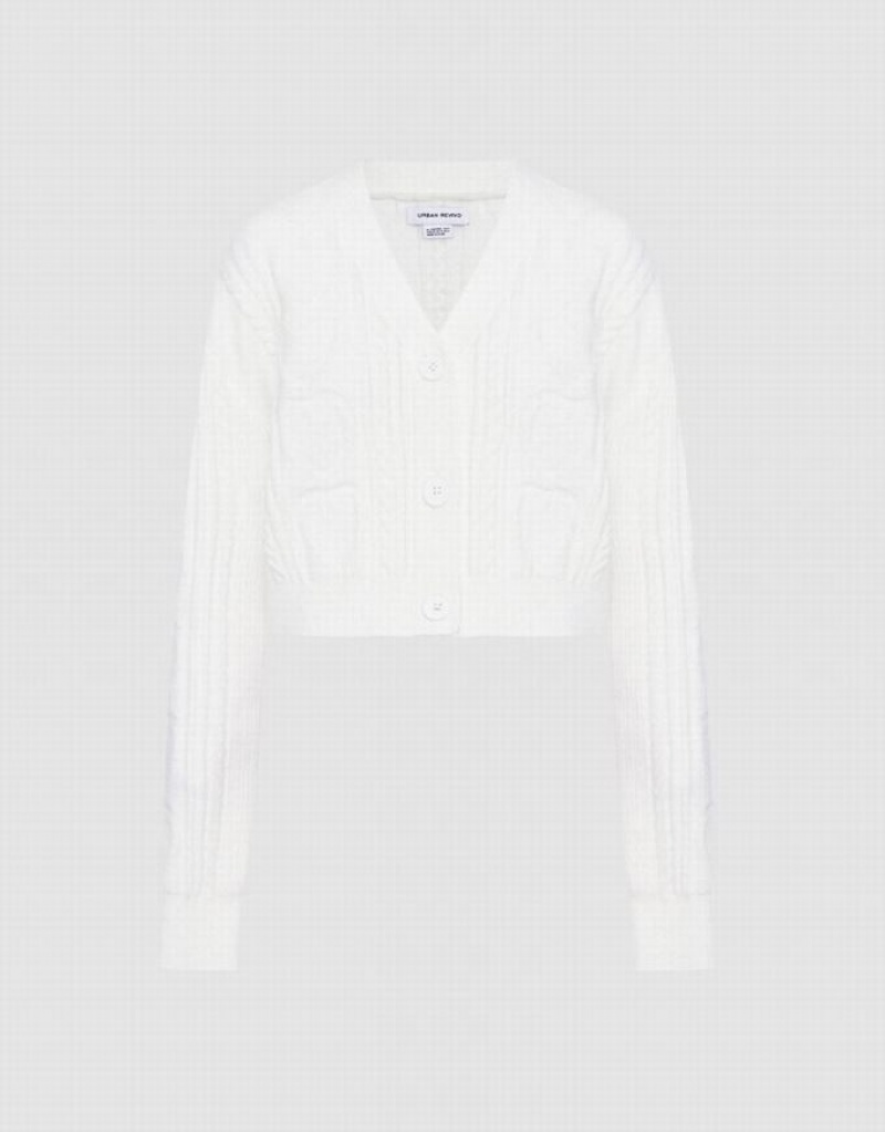 White Urban Revivo Cable Knit Button Up Women\'s Cardigan | NGIHWF-458