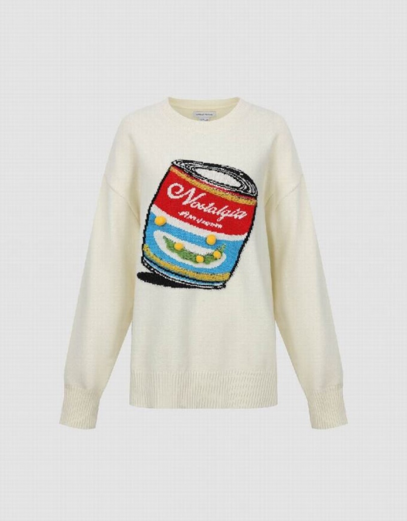White Urban Revivo Can Embroidered Crew Neck Knitted Women's Cardigan | FIMOWB-836