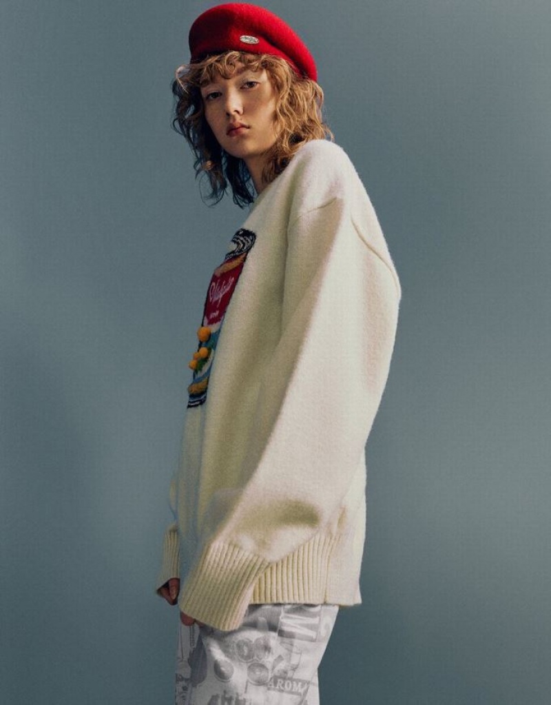 White Urban Revivo Can Embroidered Crew Neck Knitted Women's Cardigan | FIMOWB-836