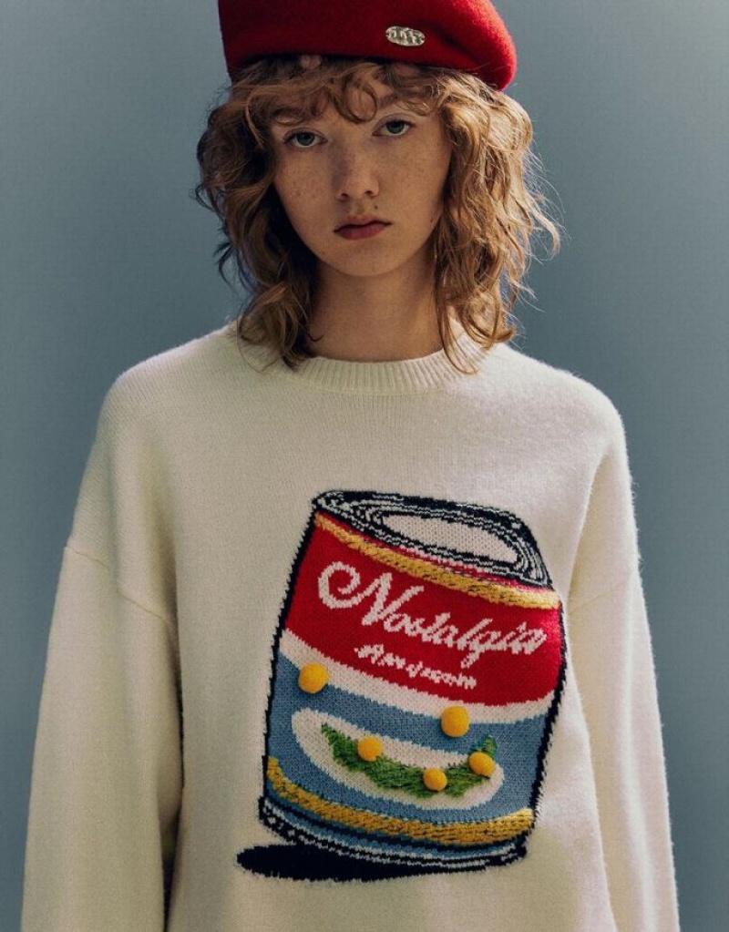 White Urban Revivo Can Embroidered Crew Neck Knitted Women's Cardigan | FIMOWB-836