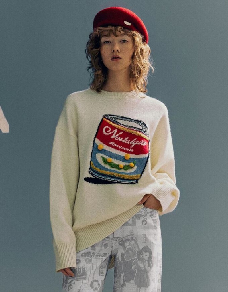 White Urban Revivo Can Embroidered Crew Neck Knitted Women\'s Cardigan | FIMOWB-836